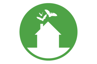 Three bats fly over a silhouette of a house