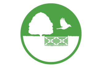 A silhouetted bird flies over a hedge with a gate and mature tree